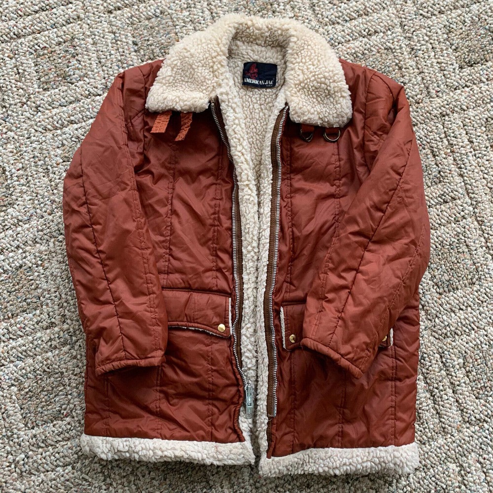 VTG Jacket Sherpa Lined American Jac Coat Burnt Orange Rust Hipster Indie